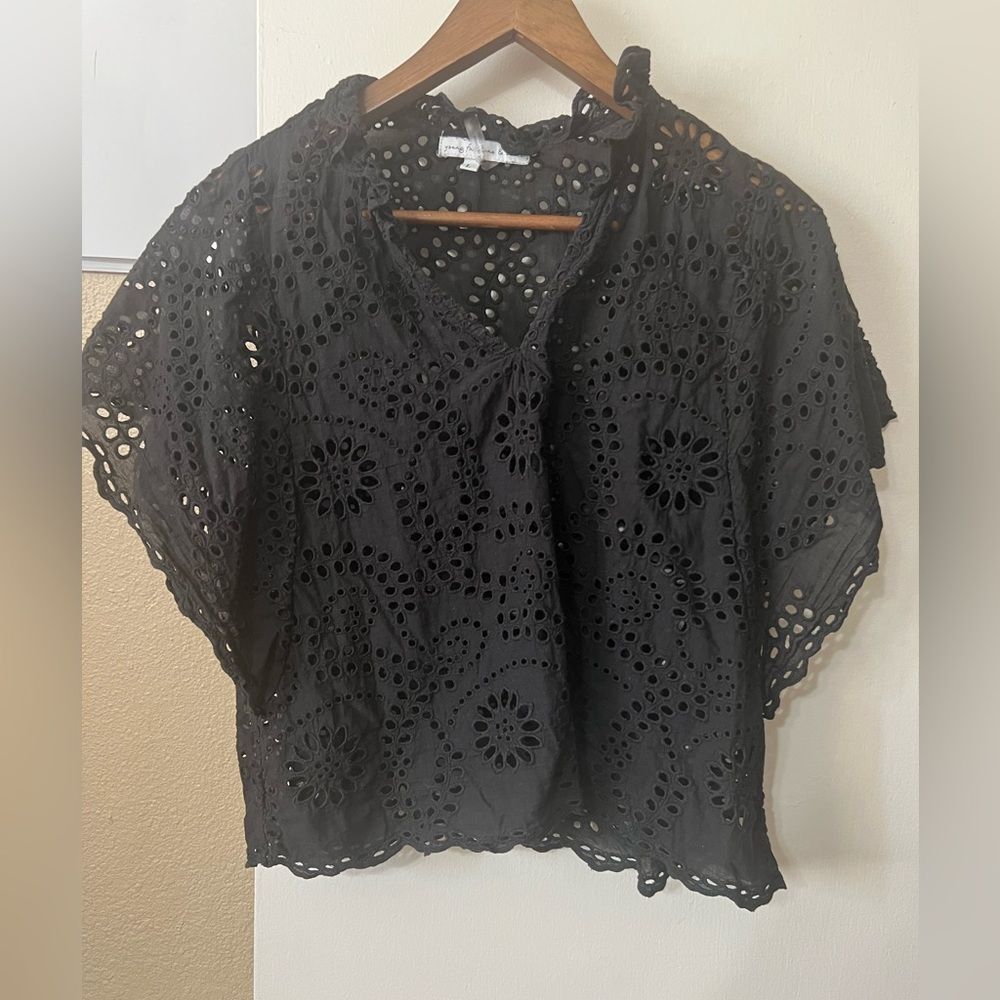 Young Fabulous & Broke Black Eyelet Blouse Black SzL Whimsical Boho Cottagecore
